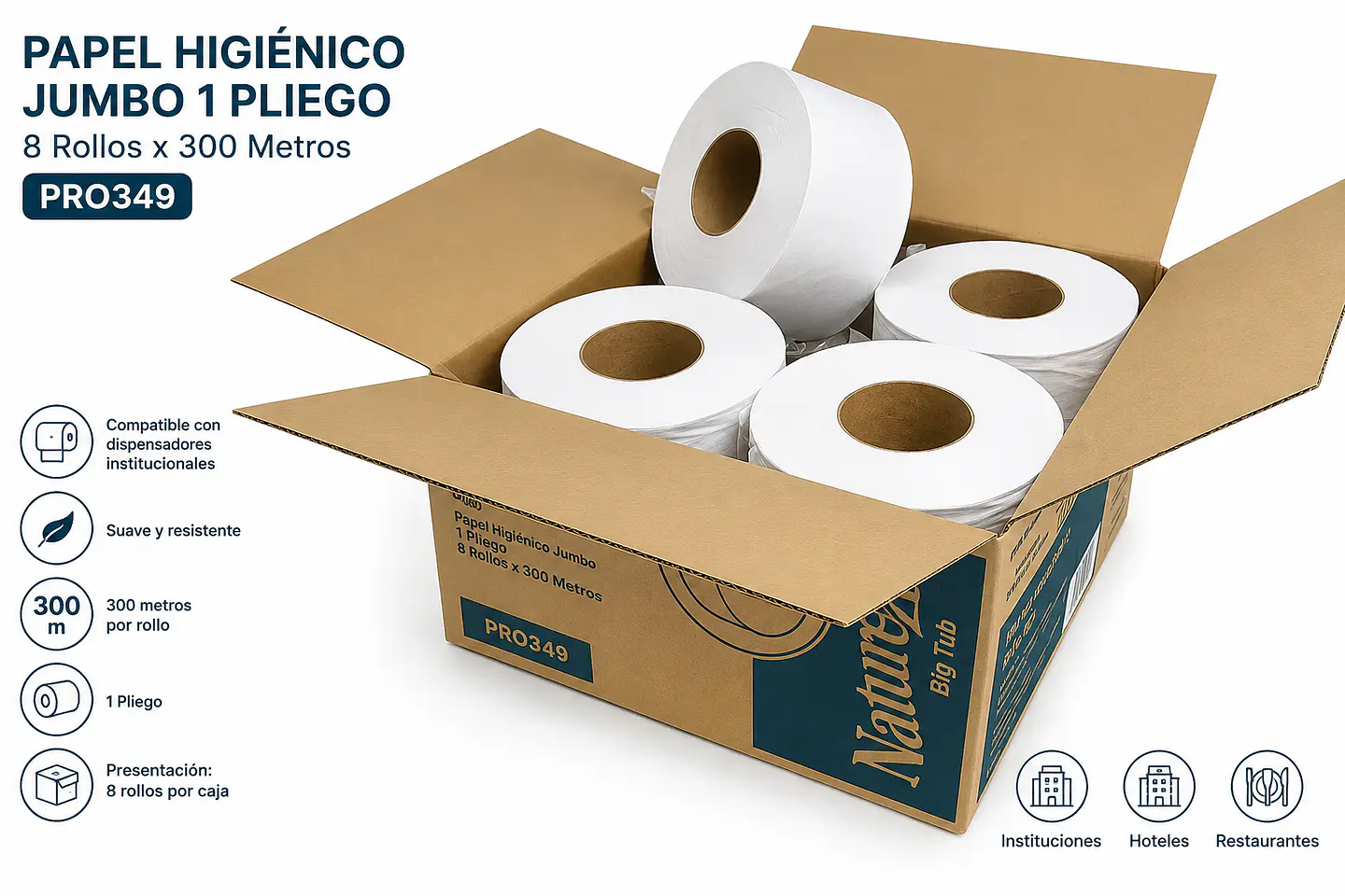 Papel Higiénico Jumbo 1 Pliego 8 Rollos x 300 Metros para Dispensadores Institucionales 1