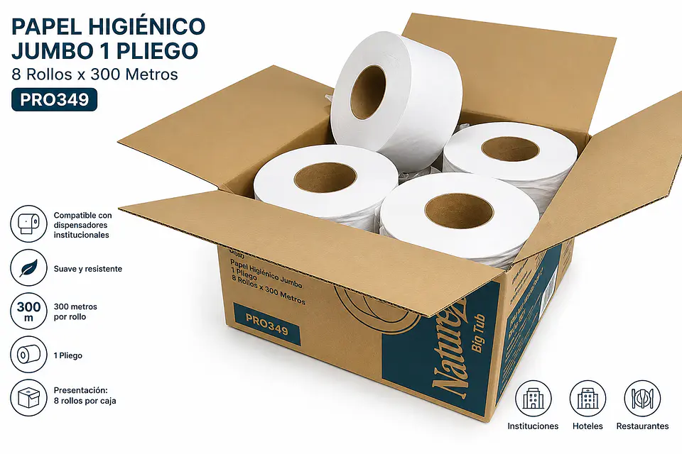Papel Higiénico Jumbo 1 Pliego 8 Rollos x 300 Metros para Dispensadores Institucionales 1