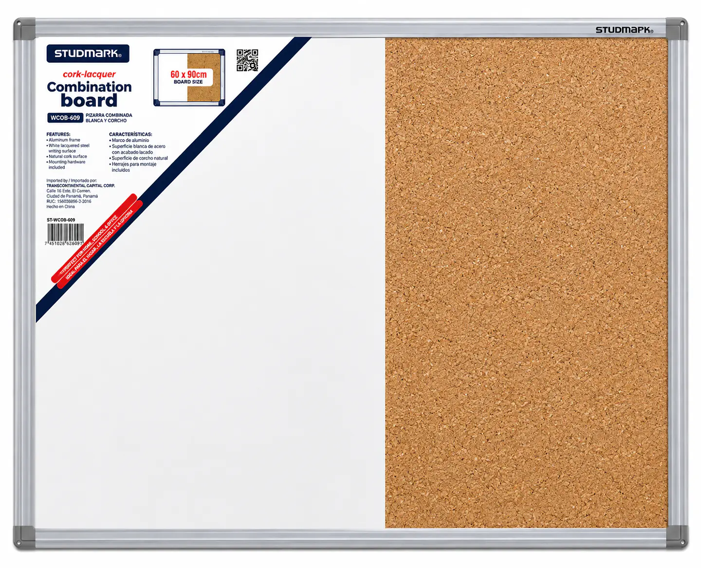 Tablero Mixto Studmark 60 x 90 cm Pizarra Blanca y Corcho 1