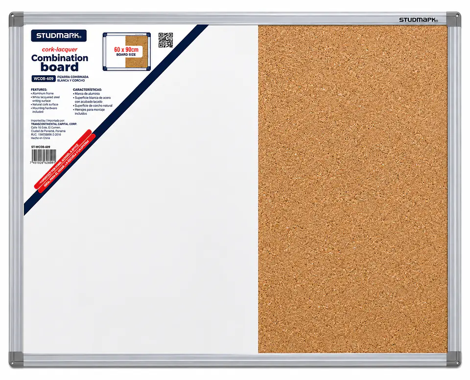 Tablero Mixto Studmark 60 x 90 cm Pizarra Blanca y Corcho 1