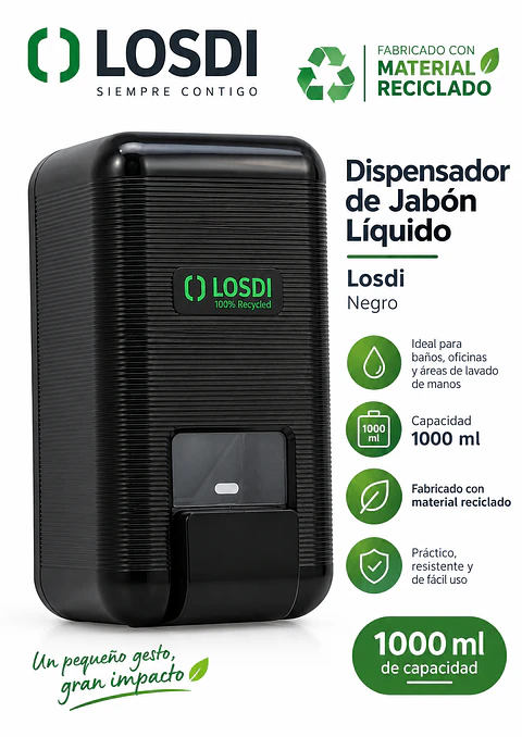 Dispensador Jabón Líquido Losdi Negro 1000 ml Reciclado