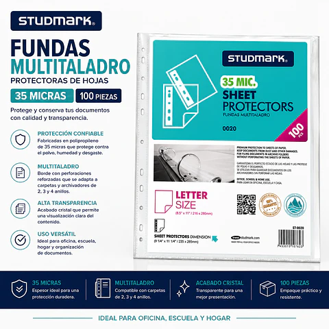 Fundas Protectoras Studmark Carta 35 Micras 100 Unidades