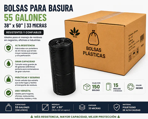 Caja de Bolsas para Basura 55 Galones 38" x 50" 33 Micras - 150 Unidades
