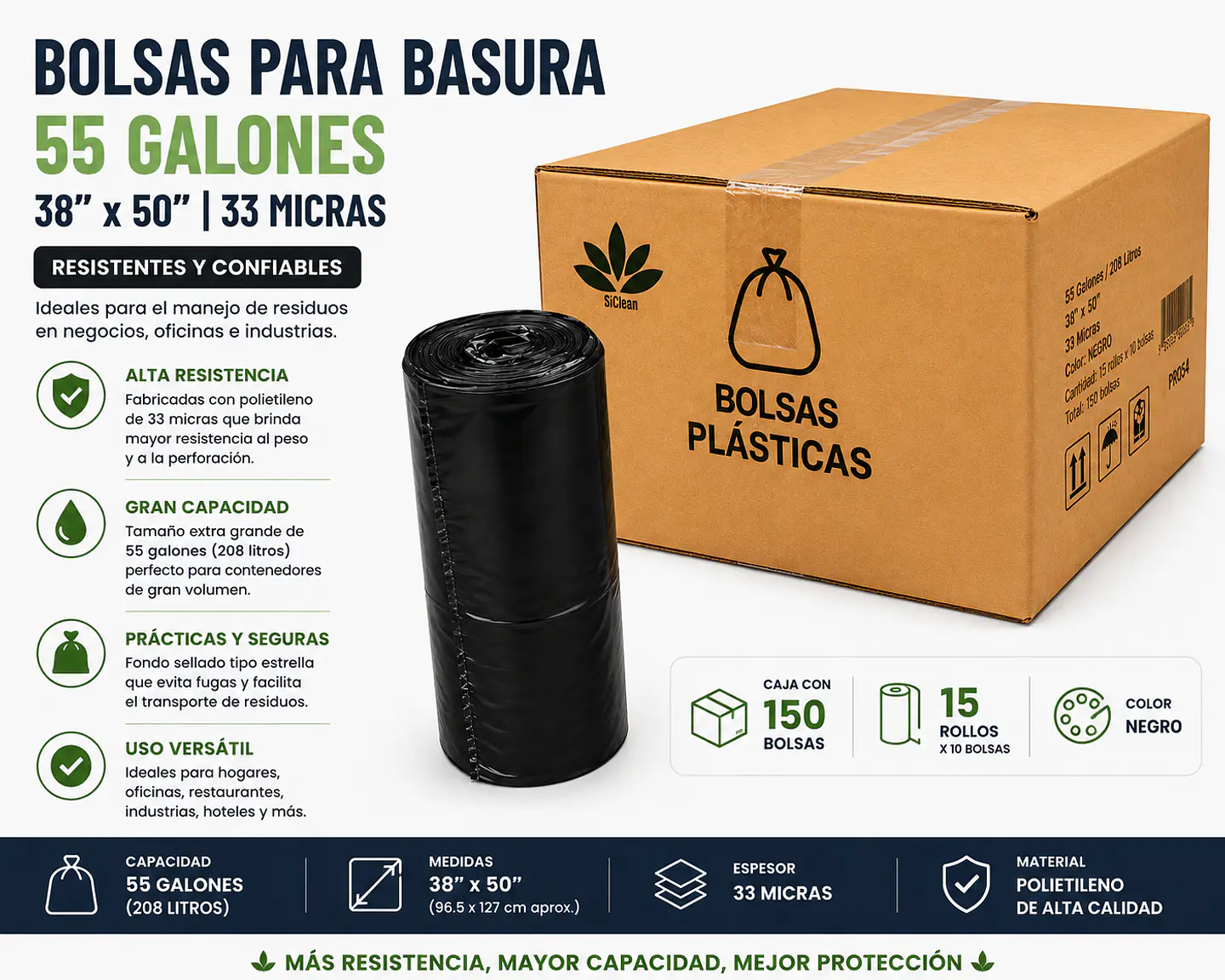 Caja de Bolsas para Basura 55 Galones 38