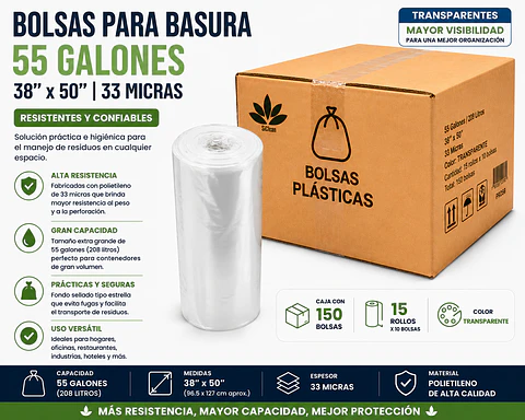 Caja de Bolsas para Basura 55 Galones 38" x 50" 33 Micras - 150 Unidades