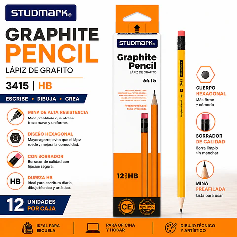 Lápiz HB No.2 Studmark ST-03415 con Borrador