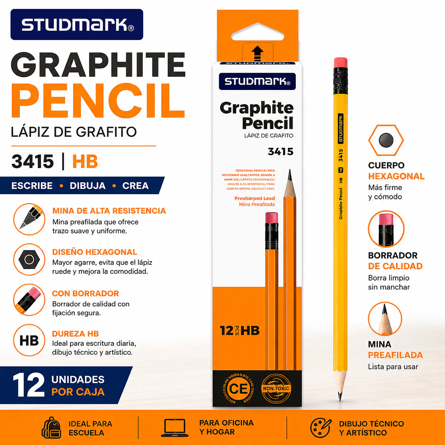 Lápiz HB No.2 Studmark ST-03415 con Borrador 1