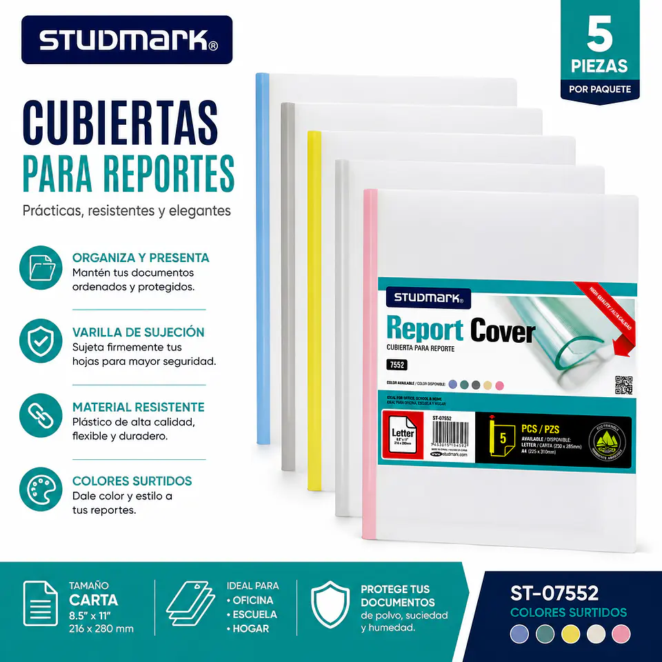 Cubiertas Studmark para Reportes Tamaño Carta con Varilla - Paquete de 5 1