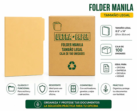 Folder Manila UltraPaper Tamaño Legal para Archivo y Oficina