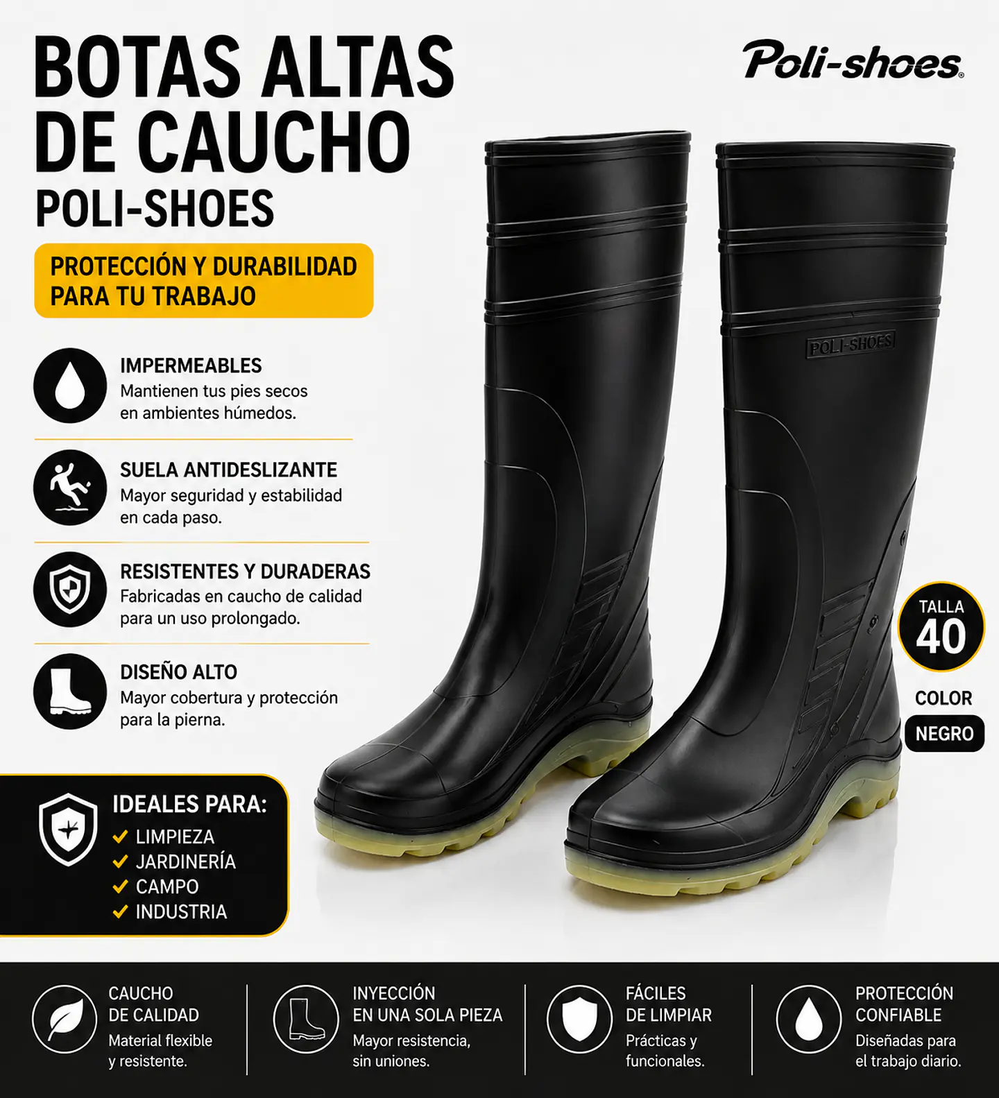 Botas Altas de Caucho Impermeables Antideslizantes Poli-shoes Talla 40 3
