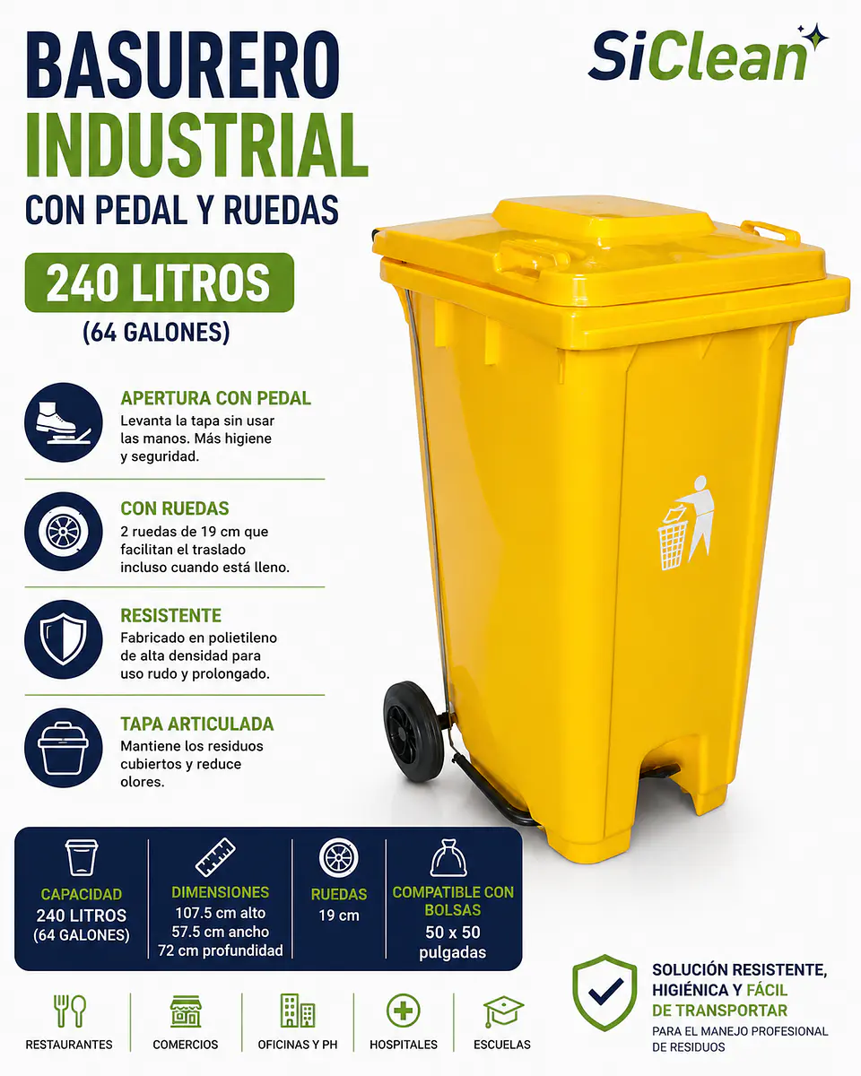 Basurero Industrial 240 Litros con Pedal y Ruedas SiClean 1