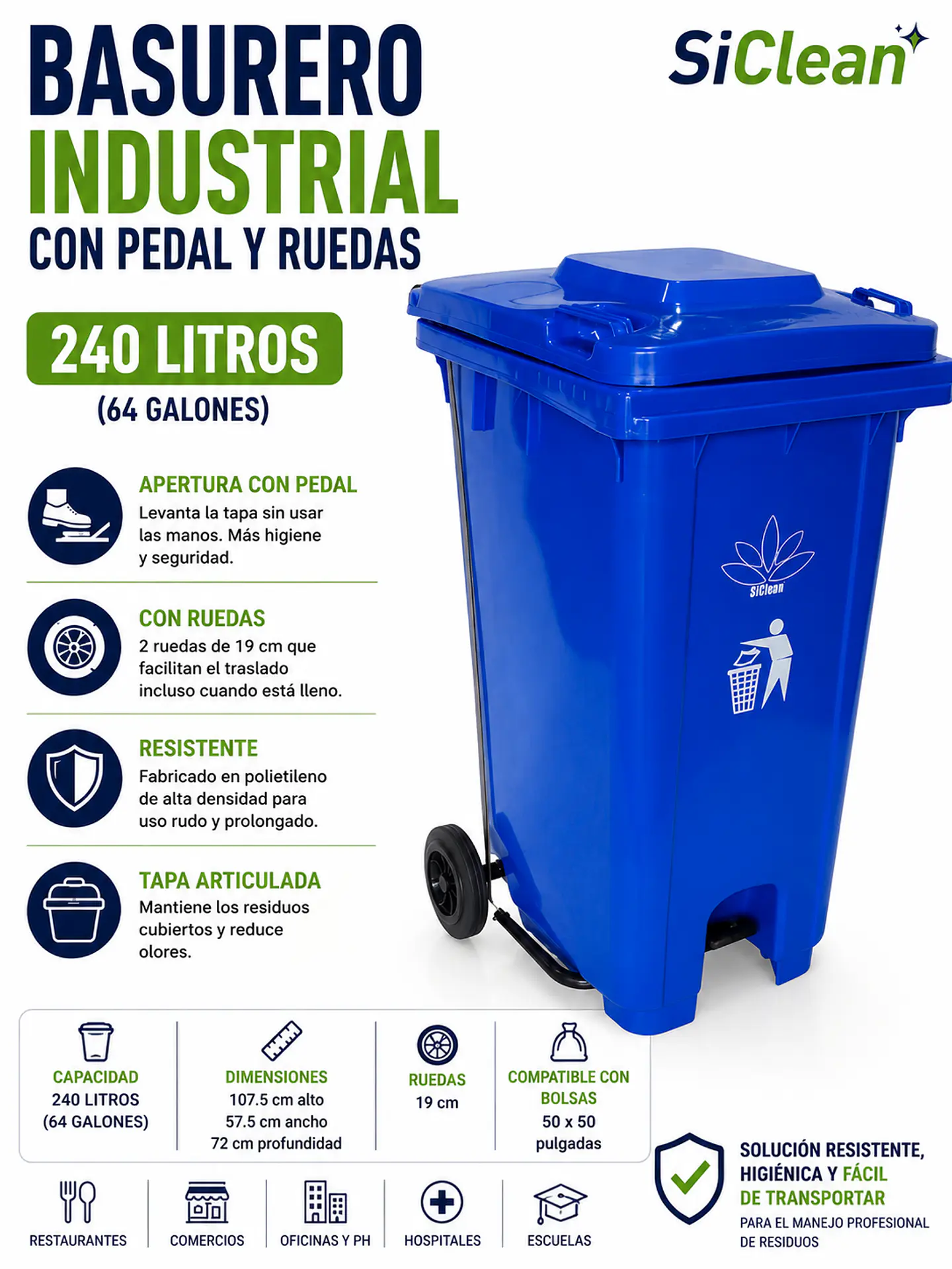 Basurero Industrial 240 Litros con Pedal y Ruedas SiClean 2
