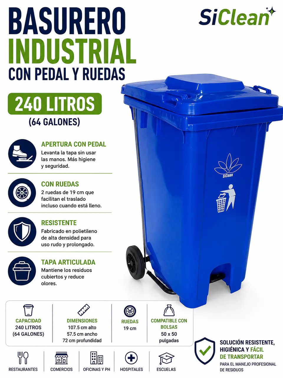 Basurero Industrial 240 Litros con Pedal y Ruedas SiClean 2