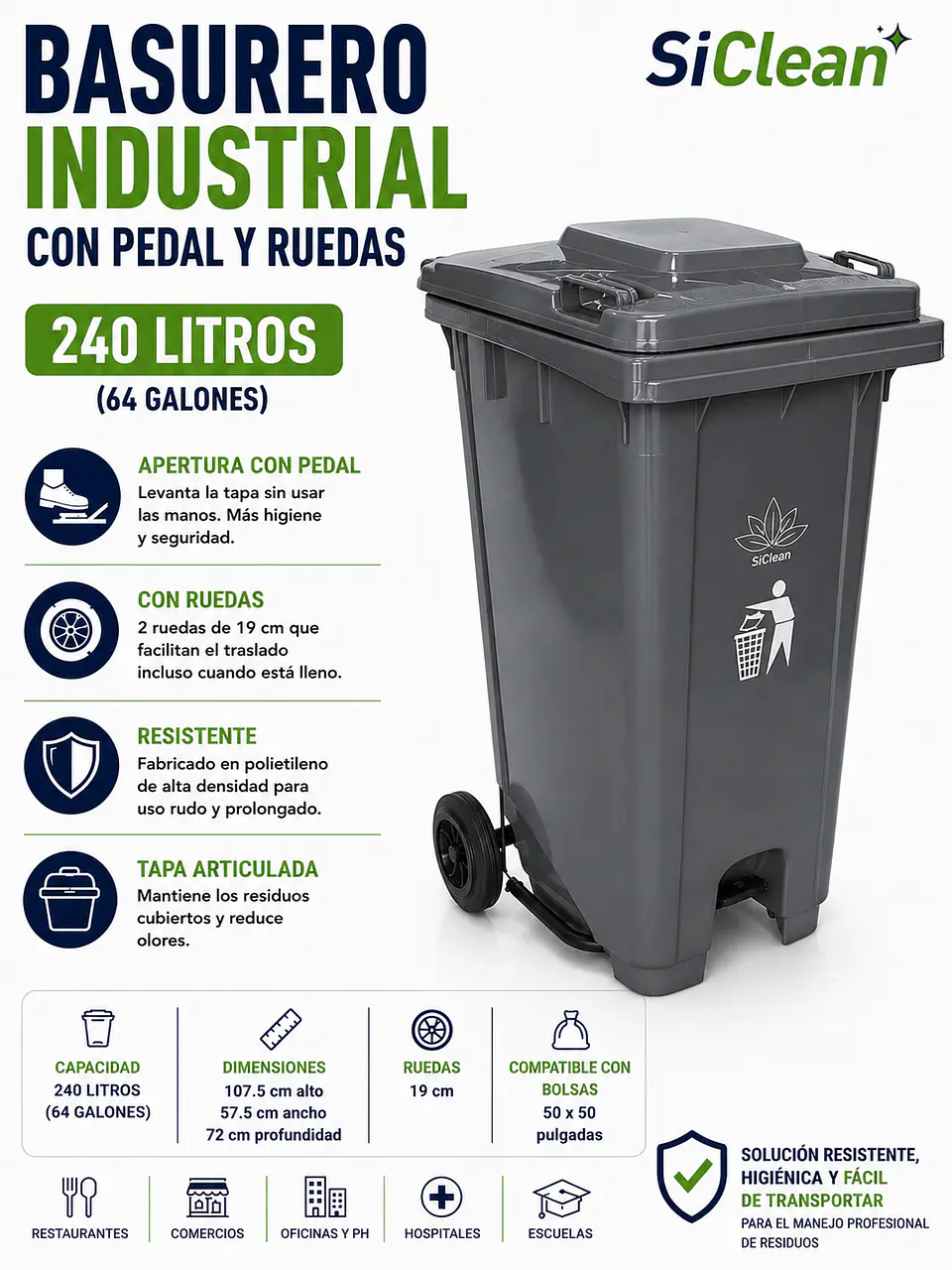 Basurero Industrial 240 Litros con Pedal y Ruedas SiClean 3