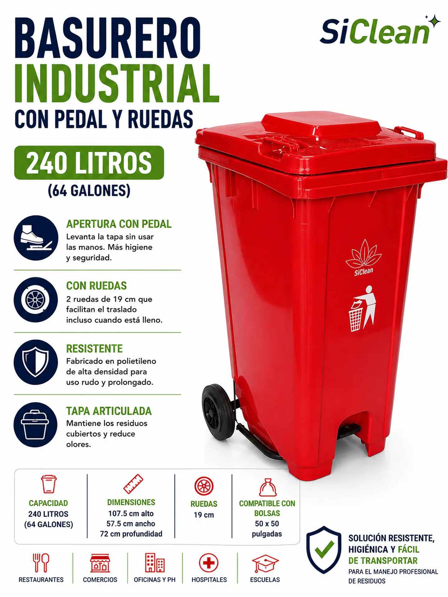 Basurero Industrial 240 Litros con Pedal y Ruedas SiClean 4