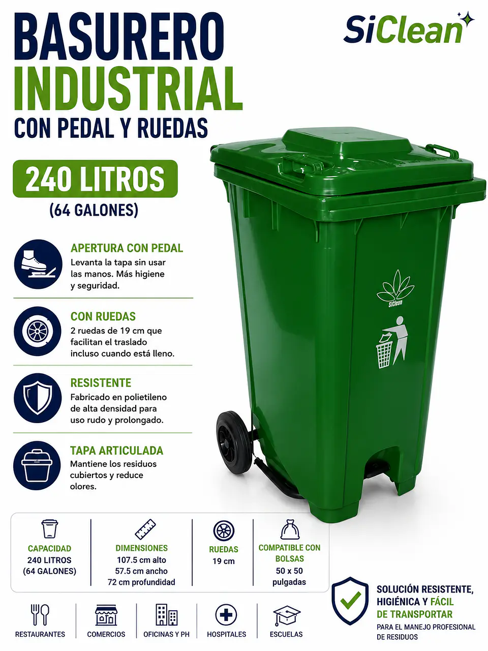 Basurero Industrial 240 Litros con Pedal y Ruedas SiClean 5