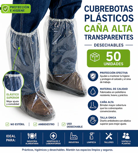 Cubrebotas Plásticos Desechables Caña Alta Transparentes 50 Unidades