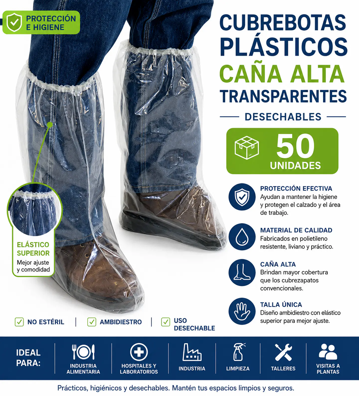 Cubrebotas Plásticos Desechables Caña Alta Transparentes 50 Unidades 1