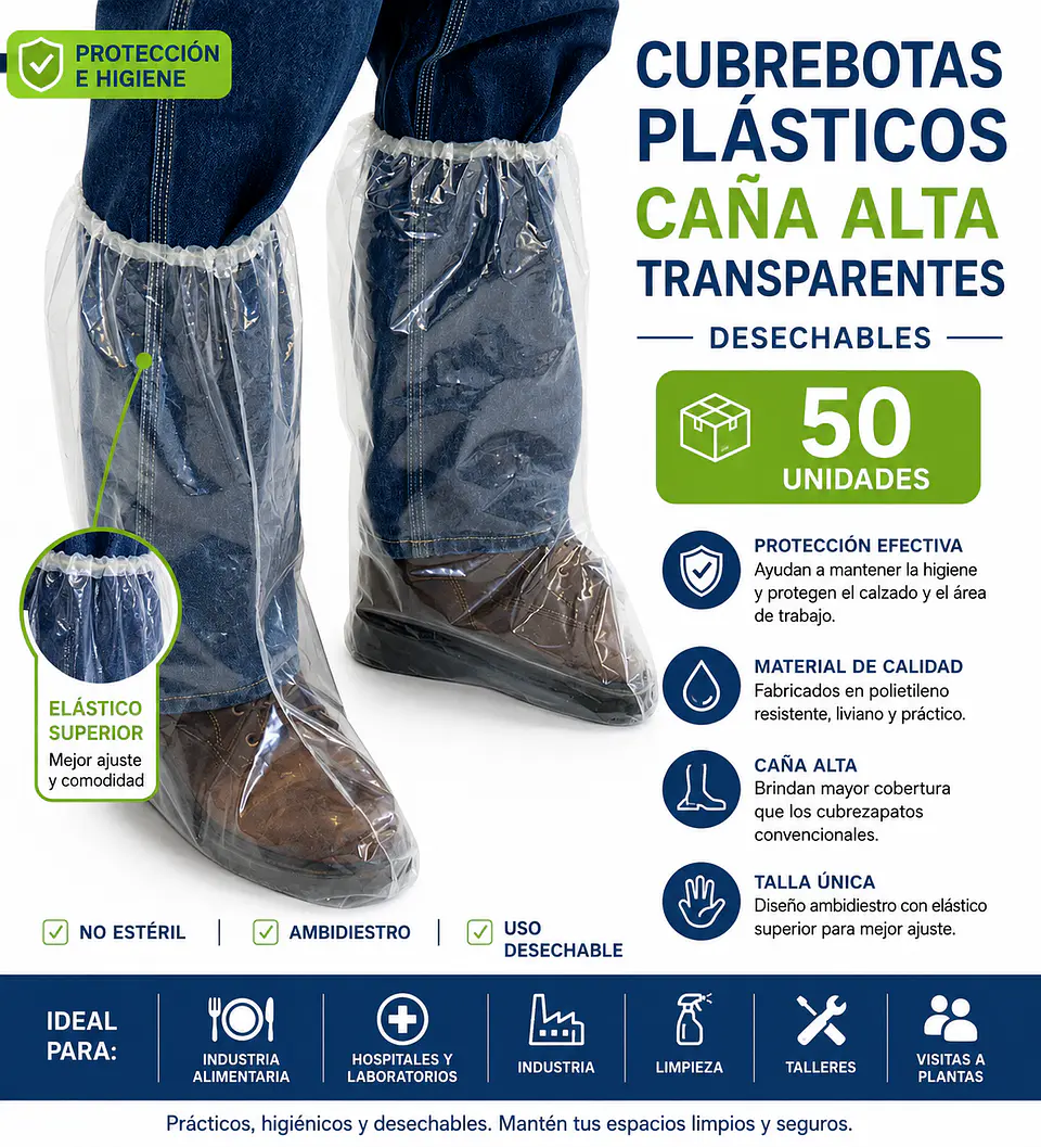 Cubrebotas Plásticos Desechables Caña Alta Transparentes 50 Unidades 1