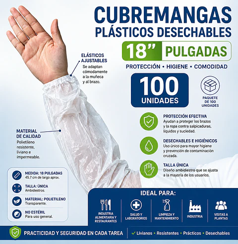 Cubremangas Plásticos Desechables de Polietileno 18" Transparentes 100 Unidades