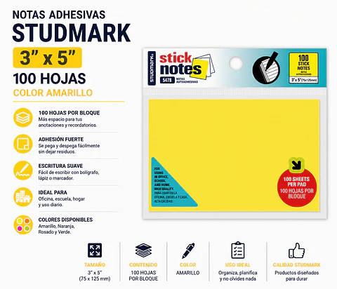 Notas Adhesivas Studmark 3x5 100 Hojas Colores