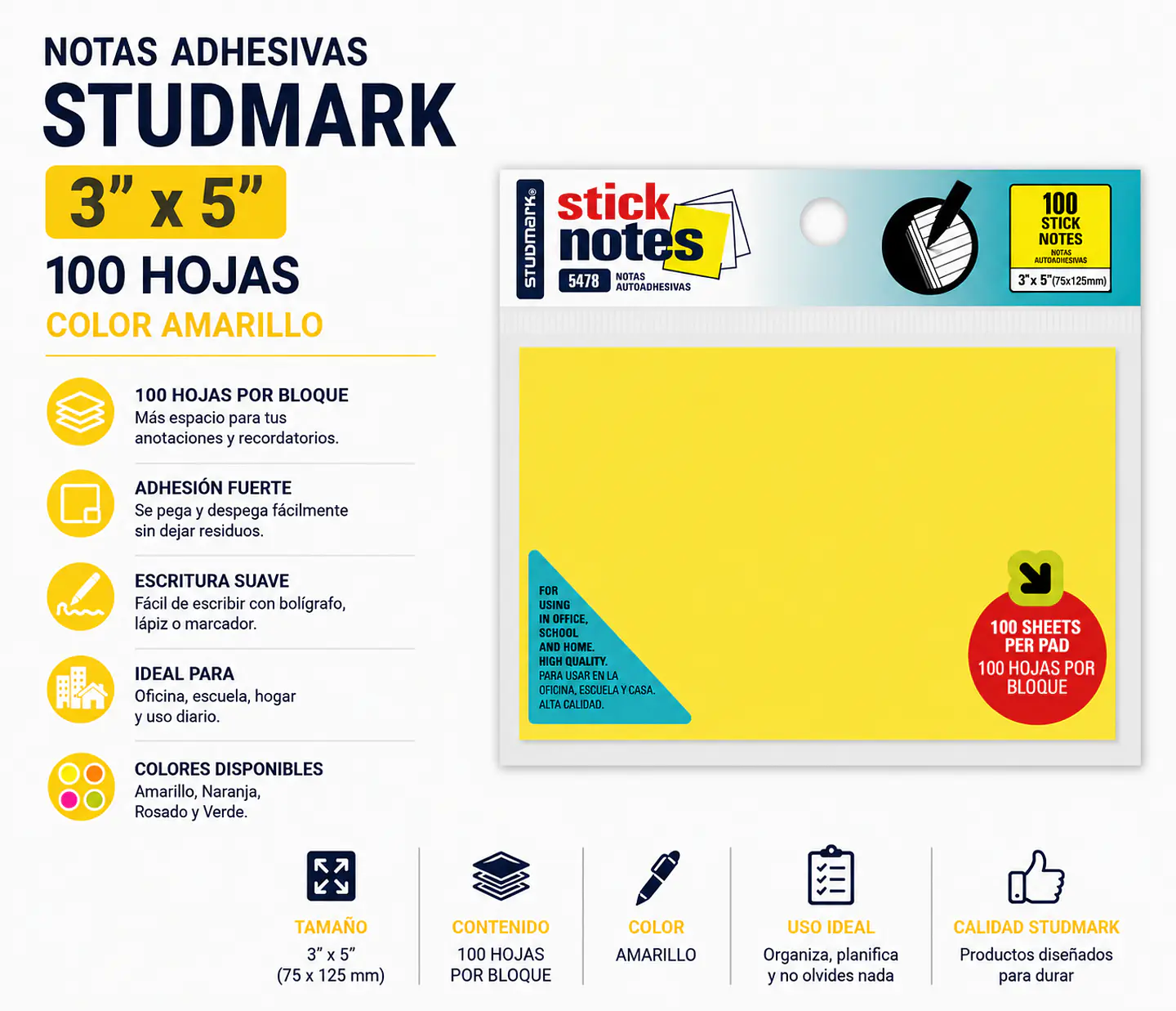 Notas Adhesivas Studmark 3x5 100 Hojas Colores 1