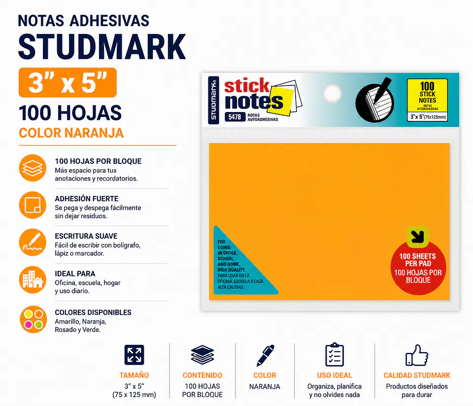 Notas Adhesivas Studmark 3x5 100 Hojas Colores 2