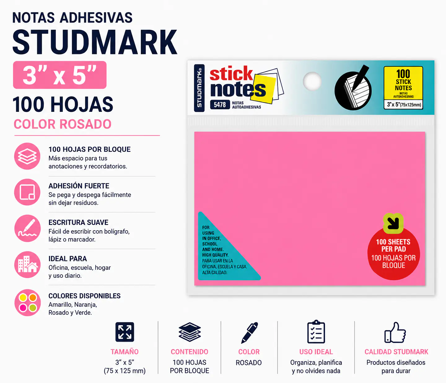 Notas Adhesivas Studmark 3x5 100 Hojas Colores 3
