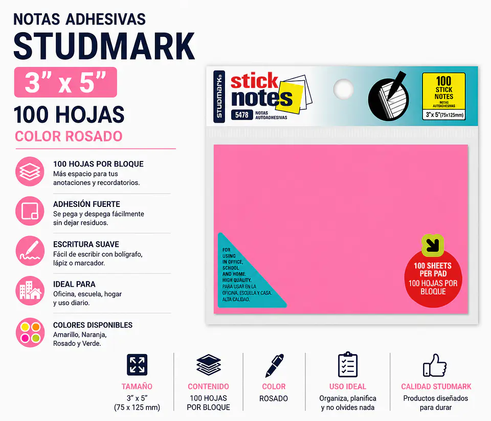 Notas Adhesivas Studmark 3x5 100 Hojas Colores 3
