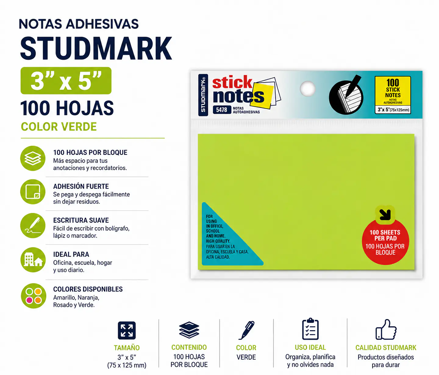 Notas Adhesivas Studmark 3x5 100 Hojas Colores 4