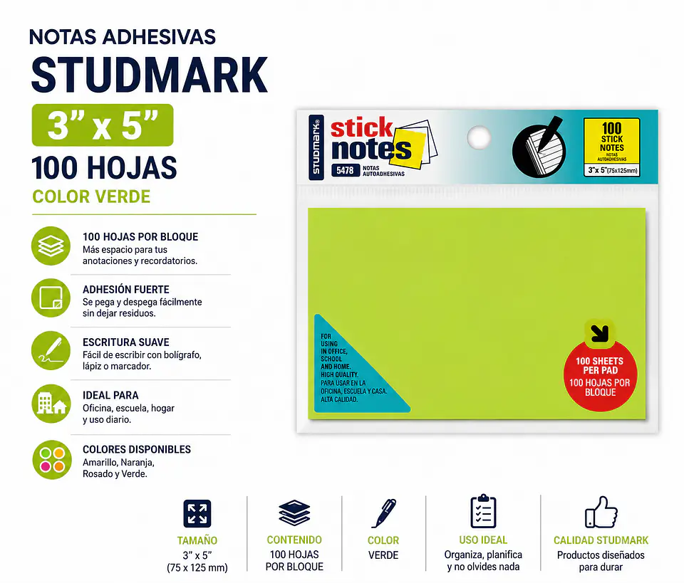 Notas Adhesivas Studmark 3x5 100 Hojas Colores 4