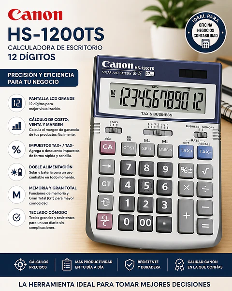Calculadora Canon HS-1200TS de Escritorio 12 Dígitos con Impuestos y Margen