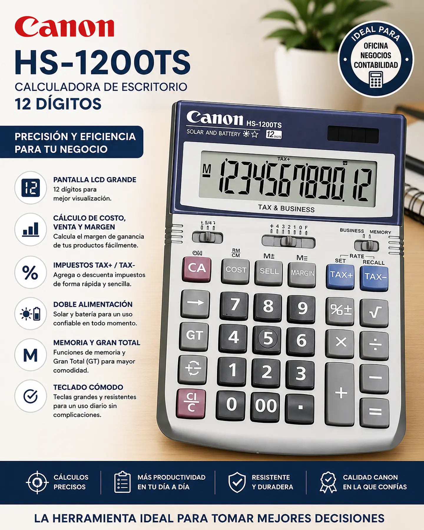 Calculadora Canon HS-1200TS de Escritorio 12 Dígitos con Impuestos y Margen 1