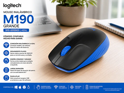 Mouse Inalámbrico Logitech M190 Grande USB 2.4 GHz Gris Azul Rojo