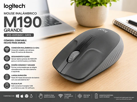 Mouse Inalámbrico Logitech M190 Grande USB 2.4 GHz Gris Azul Rojo