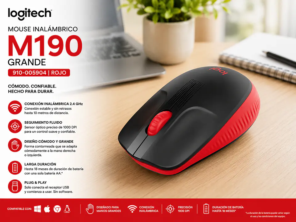 Mouse Inalámbrico Logitech M190 Grande USB 2.4 GHz Gris Azul Rojo 3