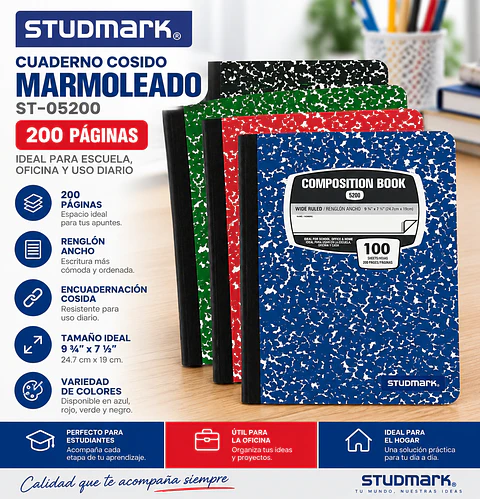 Cuaderno Cosido Studmark ST-05200 Marmoleado 200 Páginas 9¾" x 7½"