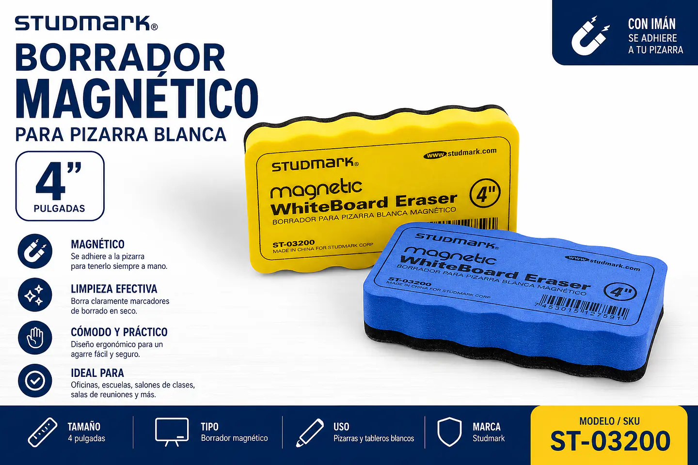 Borrador Magnético Studmark de 4 Pulgadas para Tablero Blanco 1