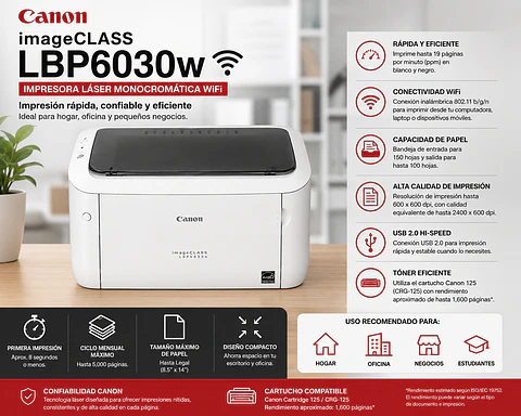 Impresora Canon LBP6030w Láser Monocromática WiFi