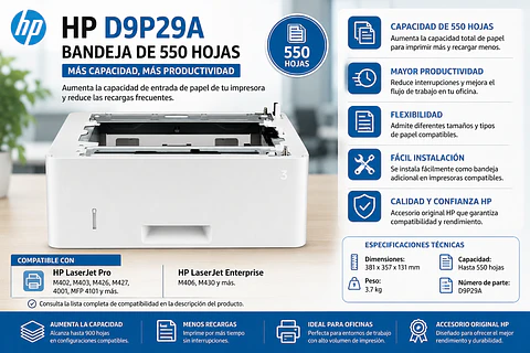 Bandeja HP D9P29A 550 Hojas para LaserJet Pro