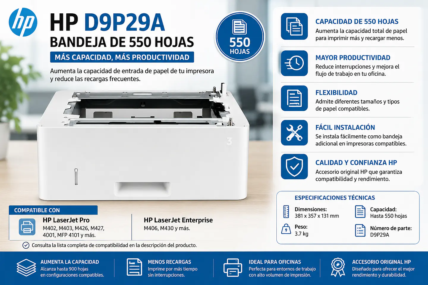 Bandeja HP D9P29A 550 Hojas para LaserJet Pro 1