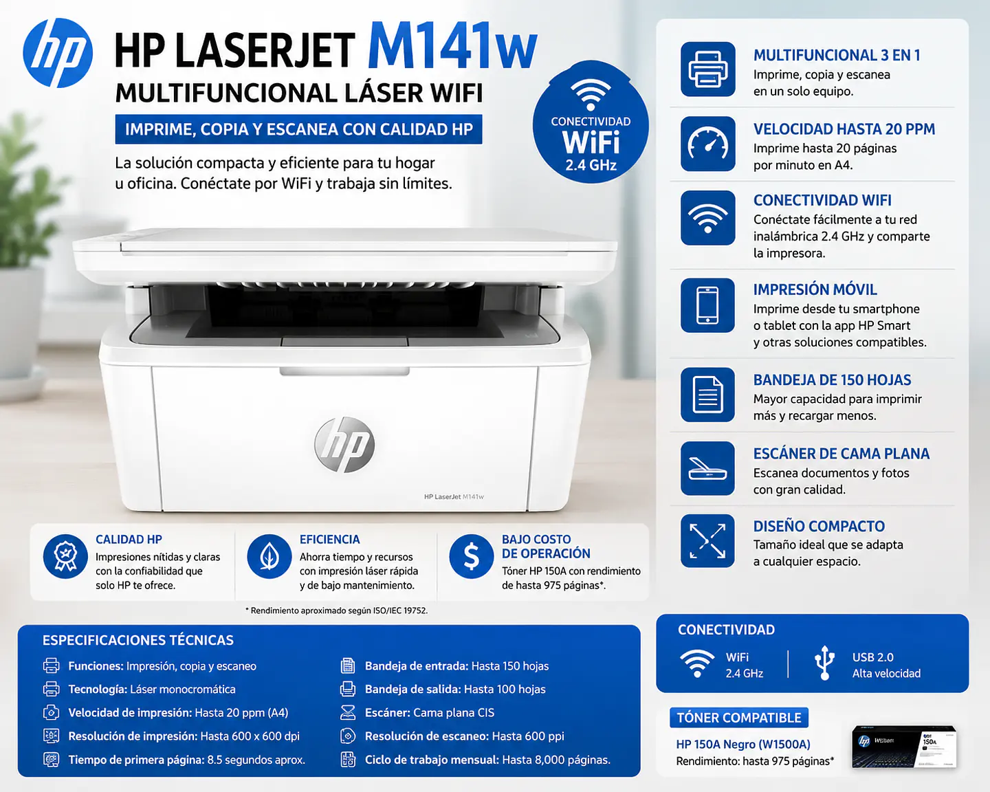 Impresora HP LaserJet M141w Multifuncional Láser WiFi 1
