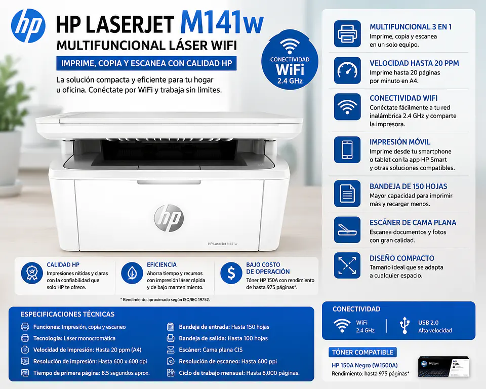 Impresora HP LaserJet M141w Multifuncional Láser WiFi 1