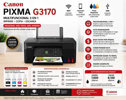 Impresora Canon PIXMA G3170 MegaTank Multifuncional WiFi