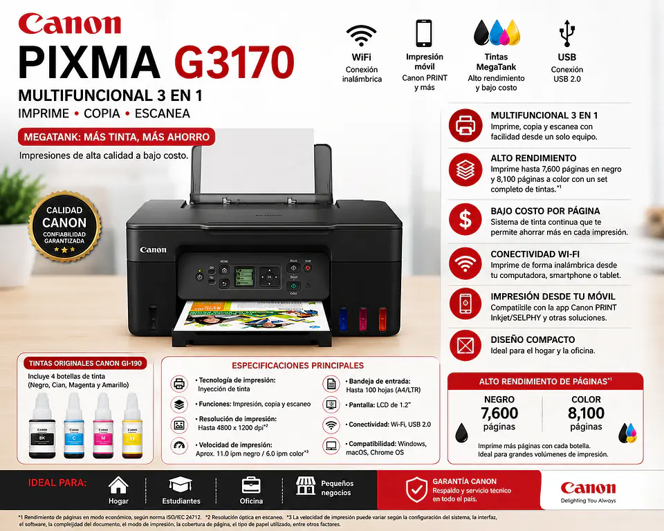 Impresora Canon PIXMA G3170 MegaTank Multifuncional WiFi 1