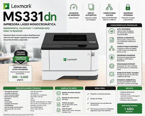 Impresora Lexmark MS331dn Láser Monocromática Dúplex Ethernet