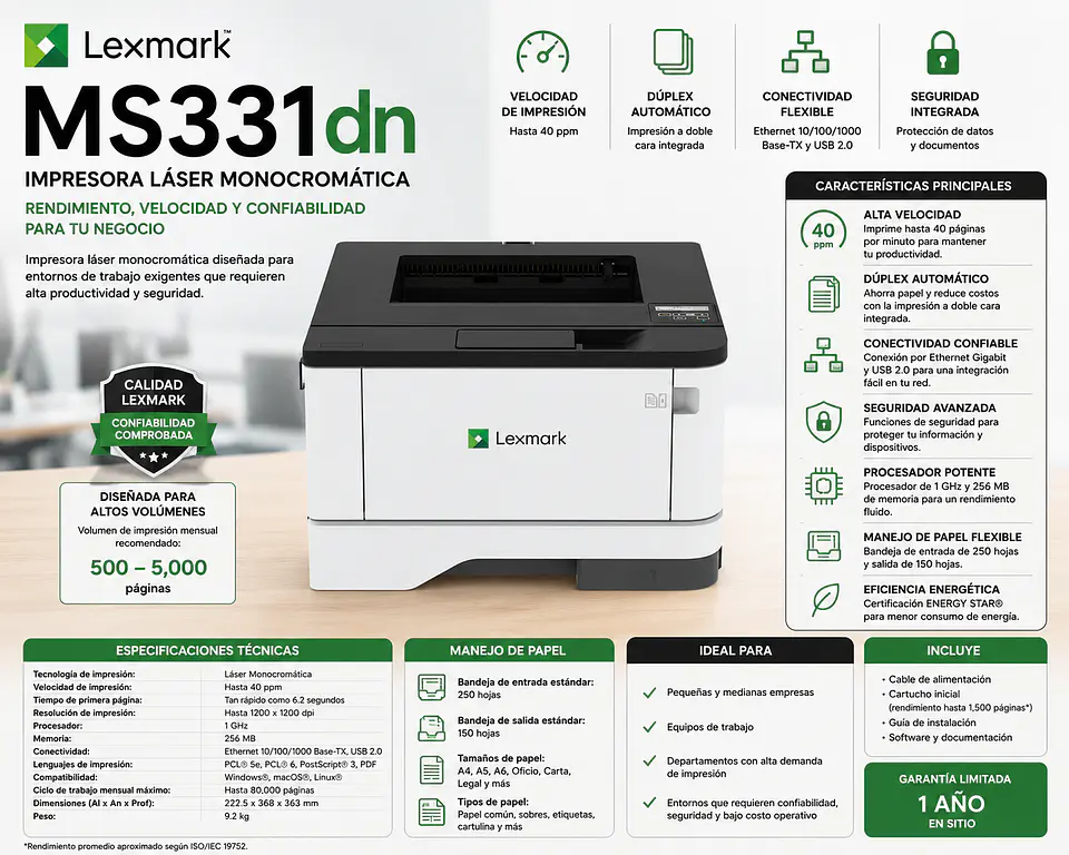 Impresora Lexmark MS331dn Láser Monocromática Dúplex Ethernet 1