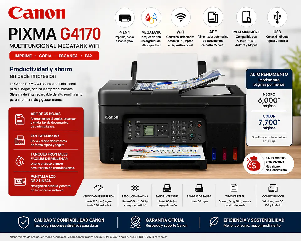 Impresora Canon PIXMA G4170 MegaTank Multifuncional WiFi ADF Fax 1
