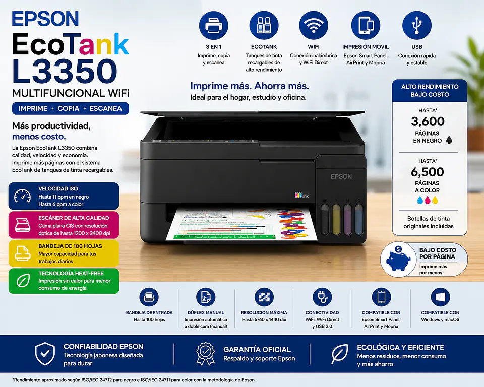 Impresora Epson EcoTank L3350 Multifuncional WiFi Tanque de Tinta 1