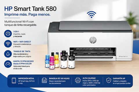 Impresora HP Smart Tank 580 Multifuncional WiFi Tanque de Tinta